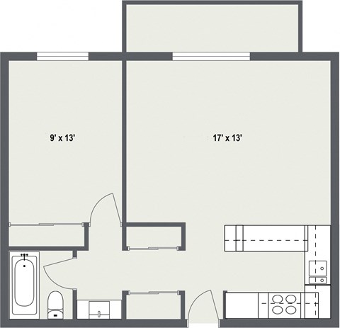 Floor plan for 1 bed, 1 bath, 650 sqft